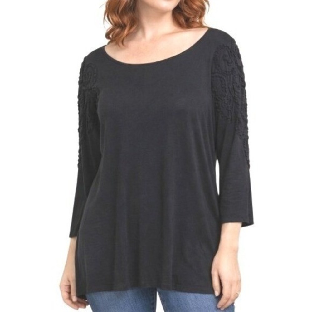 Vivienne Tam Black Embroidered Textured Sleeve Scoop Neck Off Shoulder Blouse L